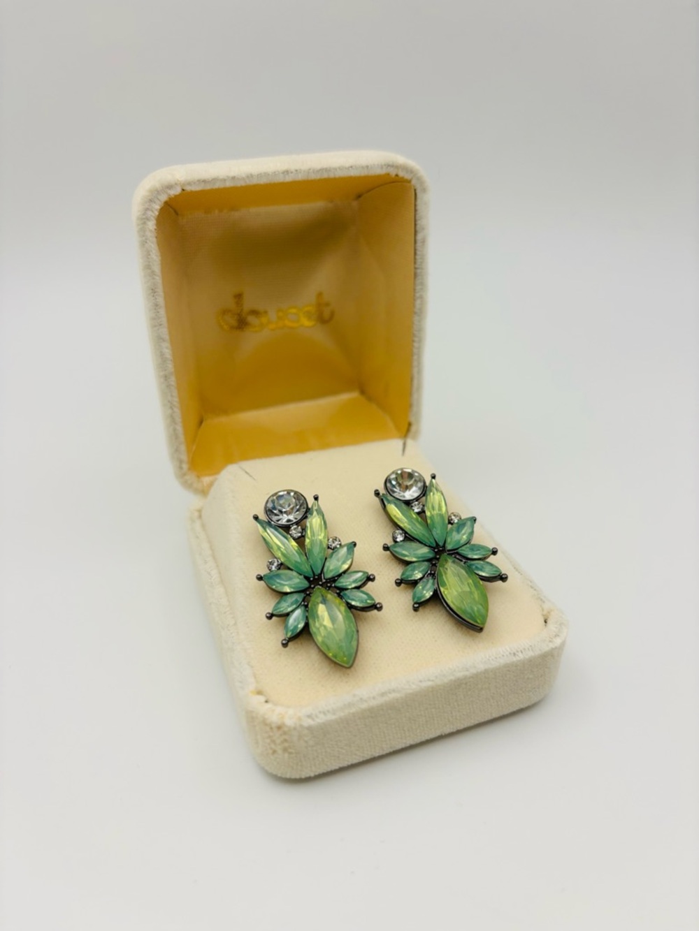 Green Crystal-Look Drop Earrings – Floral Dangle – Lightweight 1.4”